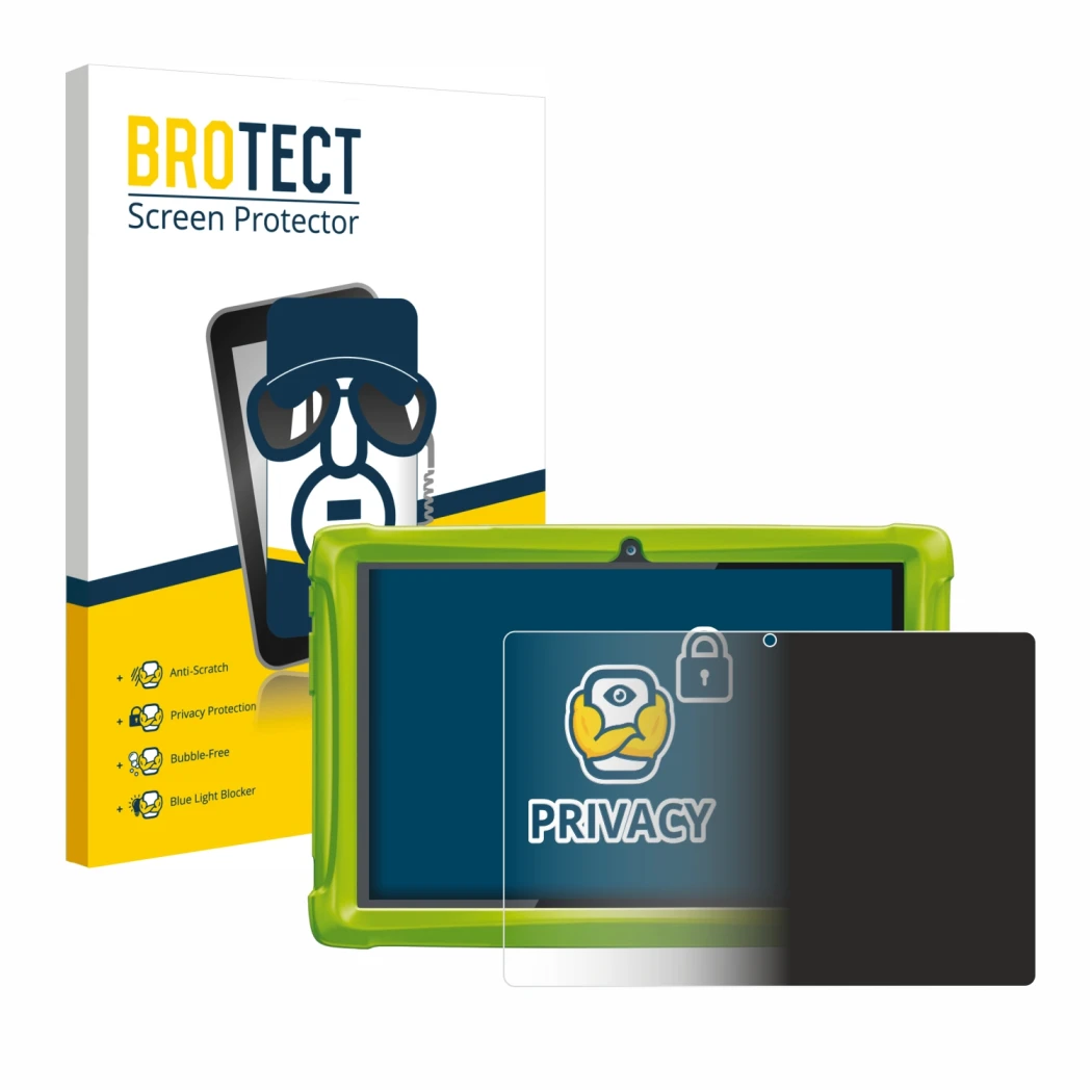 Front side of a product packaging with the brand logo BROTECT. Next to it is the device Clementoni Clempad 10 shown with the c