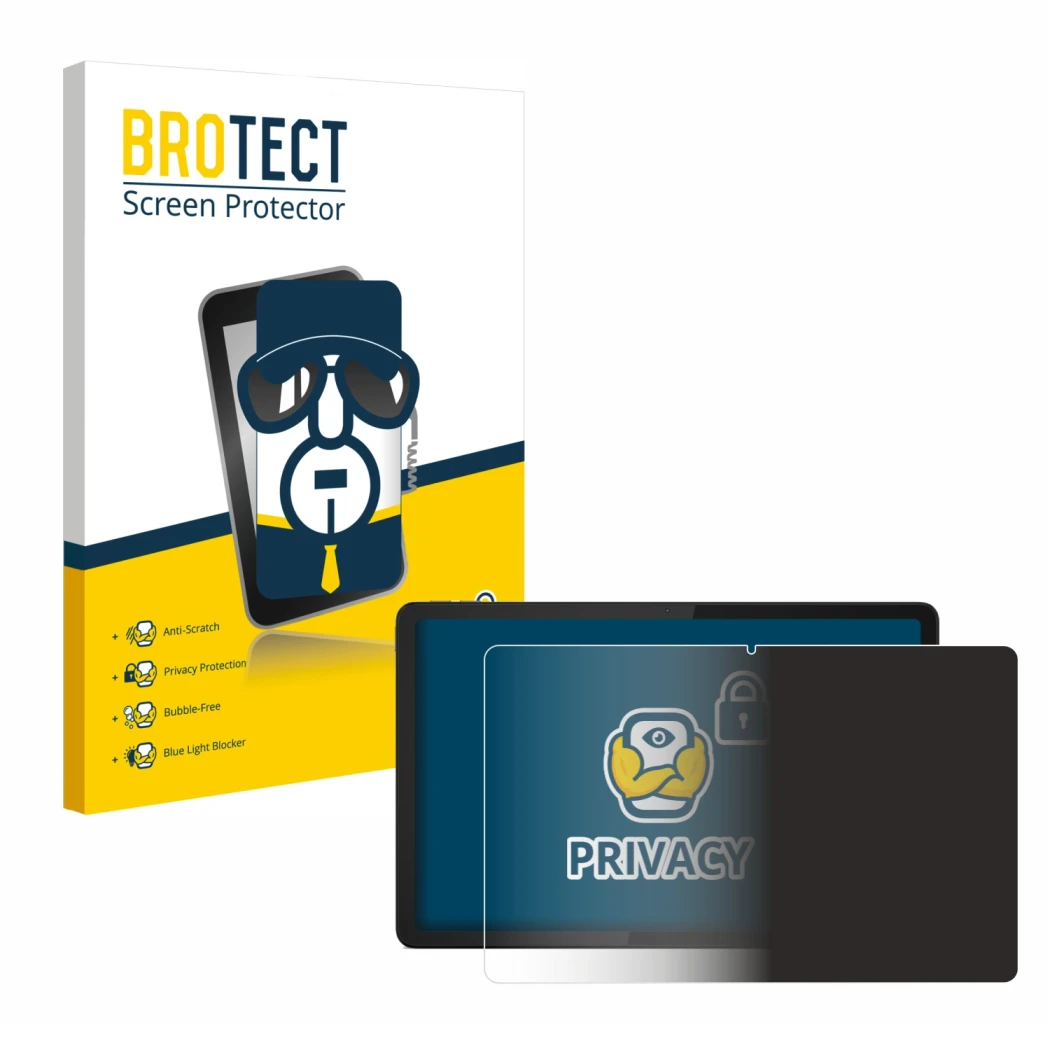 Front side of a product packaging with the brand logo BROTECT. Next to it is the device Lenovo Tab M11 shown with the correspo