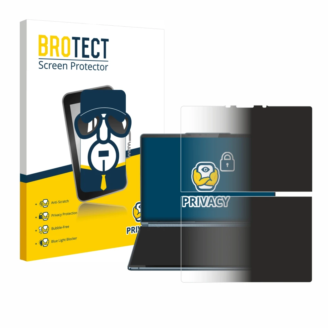 Front side of a product packaging with the brand logo BROTECT. Next to it is the device Lenovo Yoga Book 9i Gen 9 shown with t
