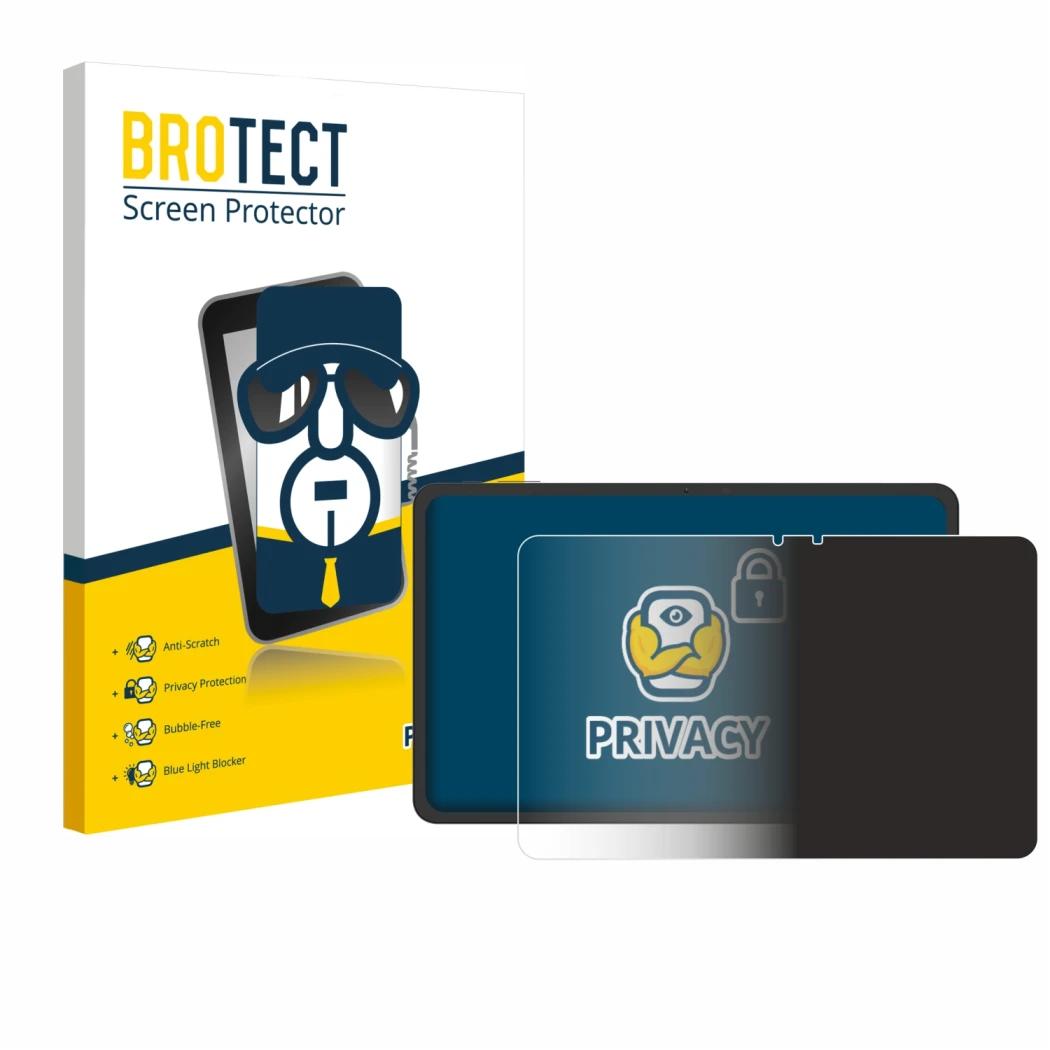 Front side of a product packaging with the brand logo BROTECT. Next to it is the device VALE V12E-LTE-8128 shown with the corr