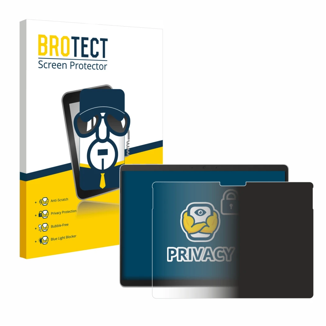 Front side of a product packaging with the brand logo BROTECT. Next to it is the device Microsoft Surface Pro 10 shown with th