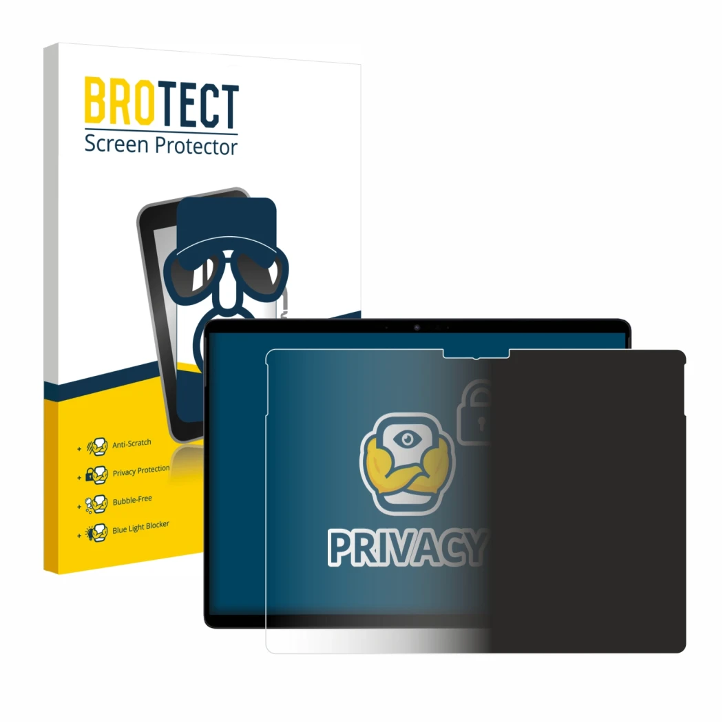 Front side of a product packaging with the brand logo BROTECT. Next to it is the device Chuwi Hi10 Max shown with the correspo