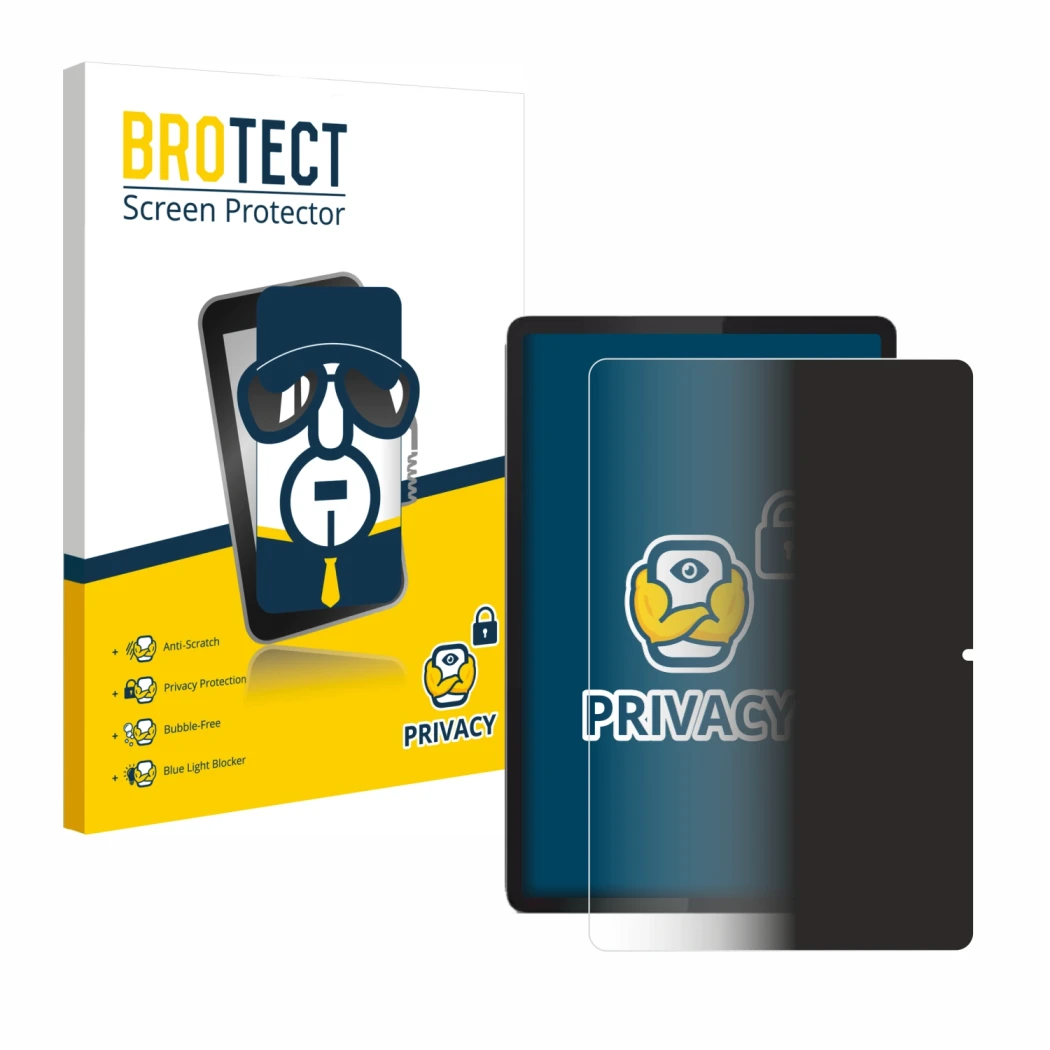 Front side of a product packaging with the brand logo BROTECT. Next to it is the device Lenovo Tab 2025 10.1