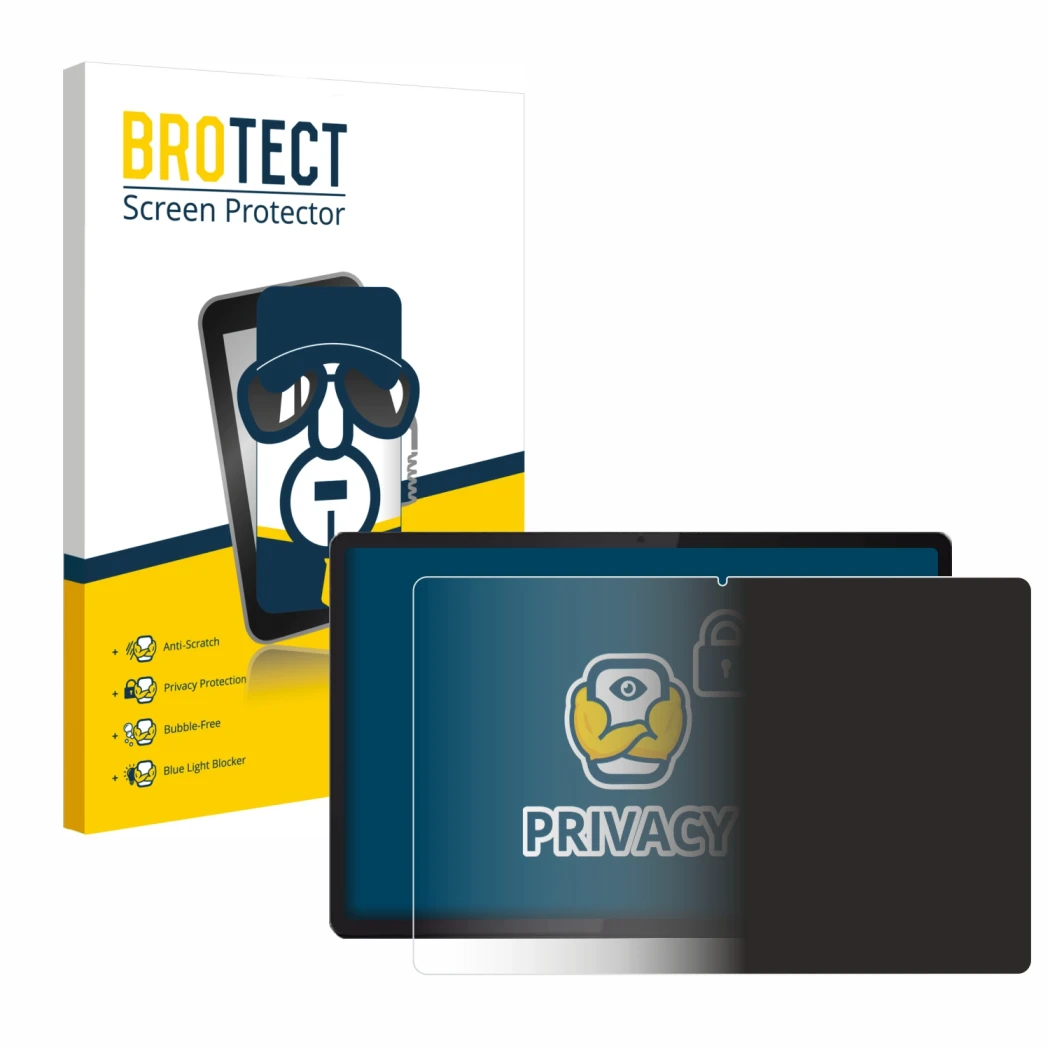 Front side of a product packaging with the brand logo BROTECT. Next to it is the device Lenovo Idea Tab Pro 12.7