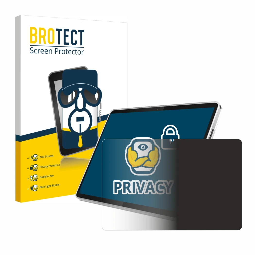 Front side of a product packaging with the brand logo BROTECT. Next to it is the device Lenovo Tab 10.1