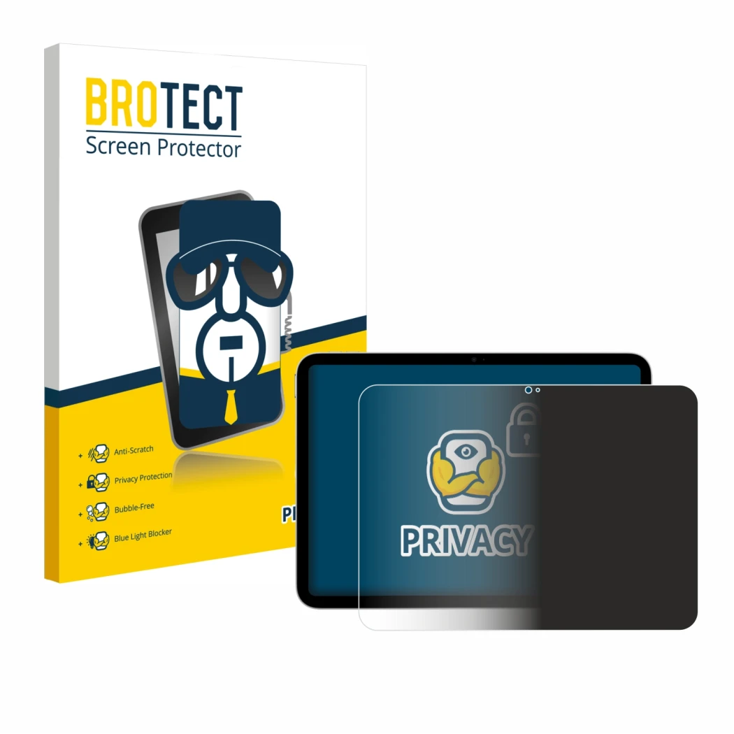 Front side of a product packaging with the brand logo BROTECT. Next to it is the device Apple iPad A16 11