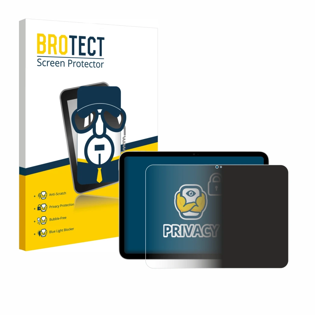 Front side of a product packaging with the brand logo BROTECT. Next to it is the device Apple iPad A16 11