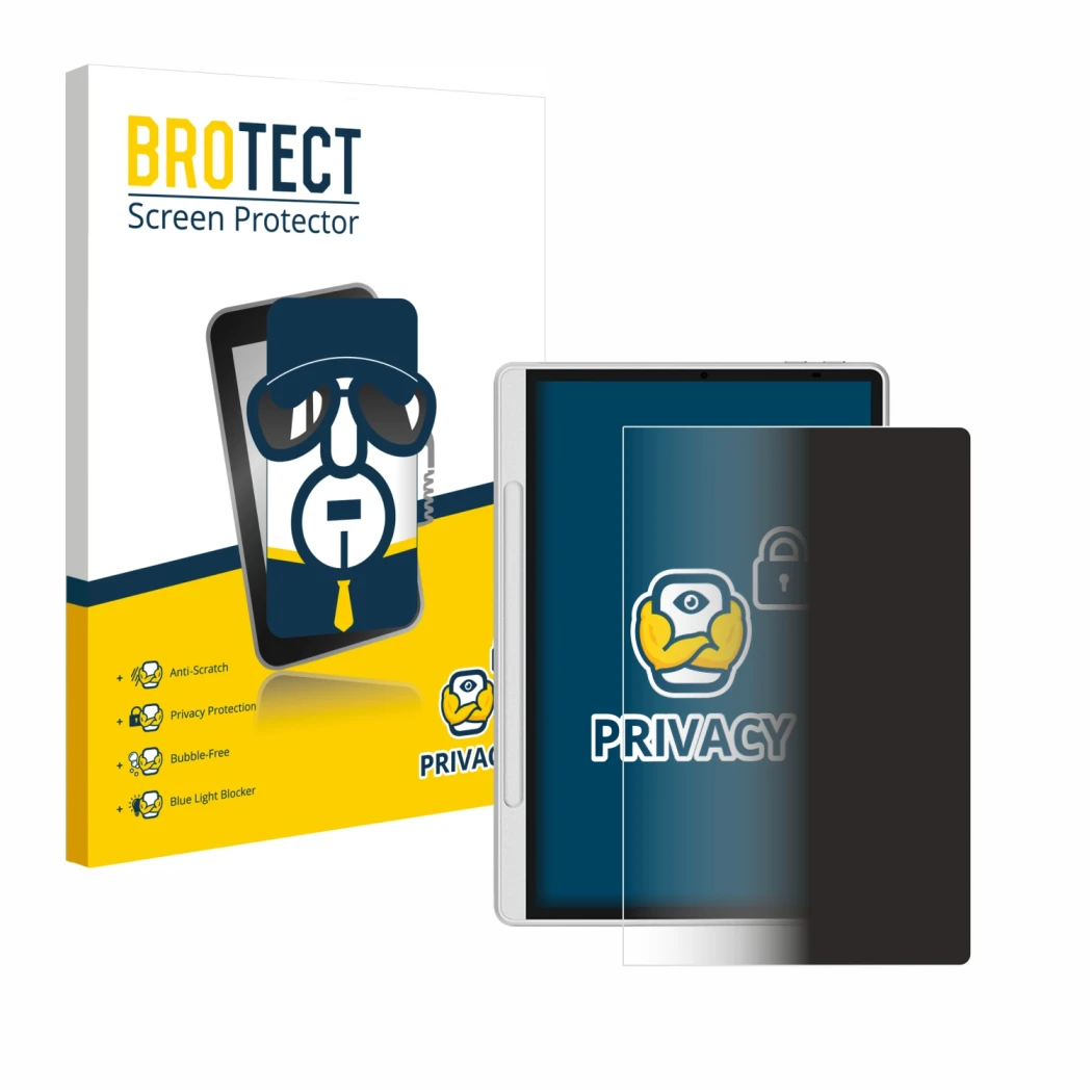 Front side of a product packaging with the brand logo BROTECT. Next to it is the device XP-Pen Magic Note Pad shown with the c