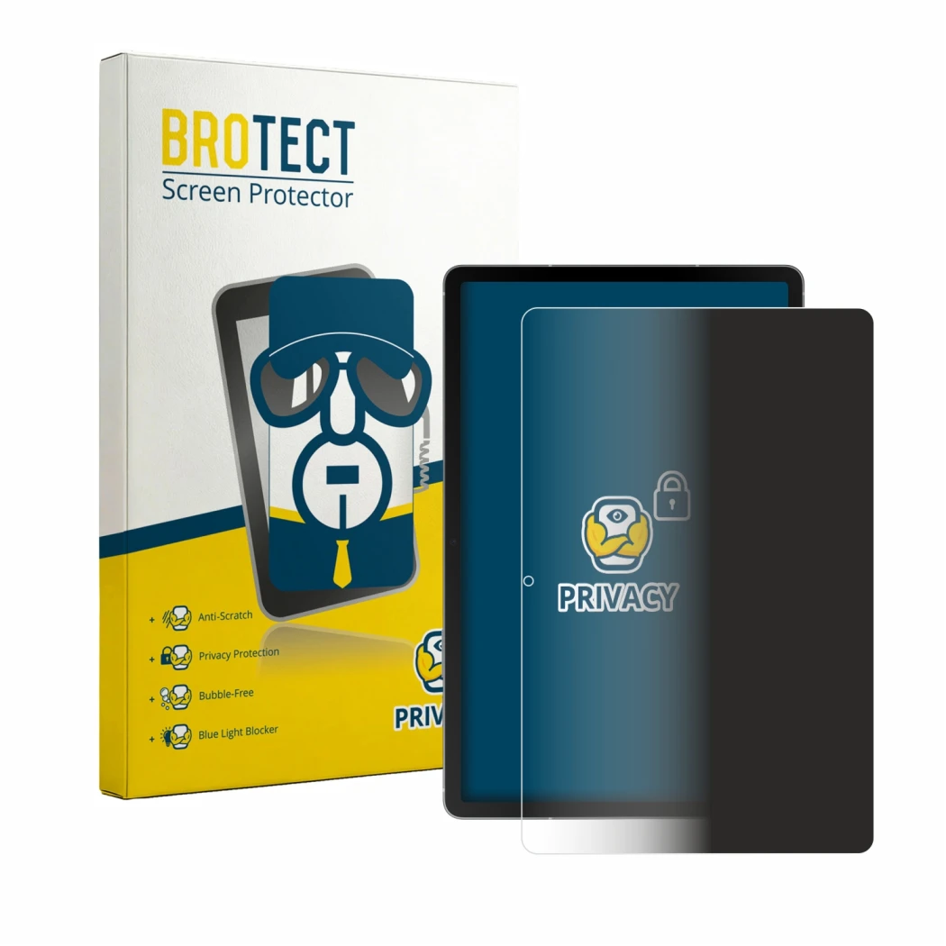 Front side of a product packaging with the brand logo BROTECT. Next to it is the device Samsung Galaxy Tab S10 FE (portrait) s