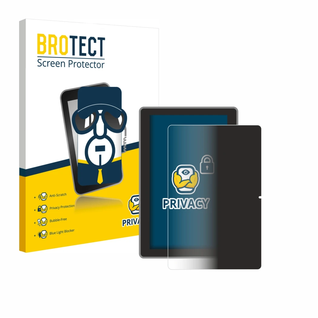 Front side of a product packaging with the brand logo BROTECT. Next to it is the device Lenovo Tab TB311 XU shown with the cor