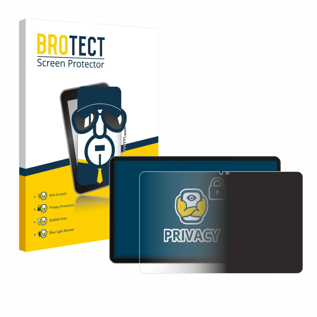 Front side of a product packaging with the brand logo BROTECT. Next to it is the device Honor Pad X9a shown with the correspon