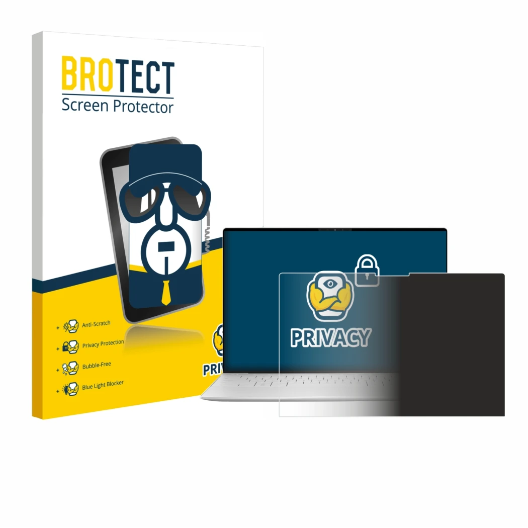 Front side of a product packaging with the brand logo BROTECT. Next to it is the device Dell XPS 13 9350 2024 shown with the c