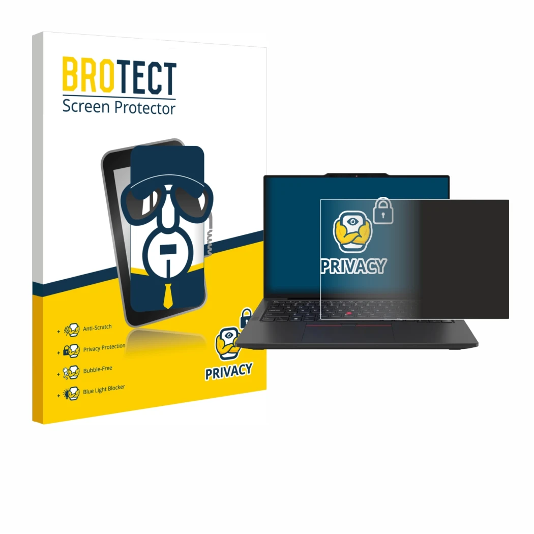 Front side of a product packaging with the brand logo BROTECT. Next to it is the device Lenovo ThinkPad X13 Gen 6 shown with t