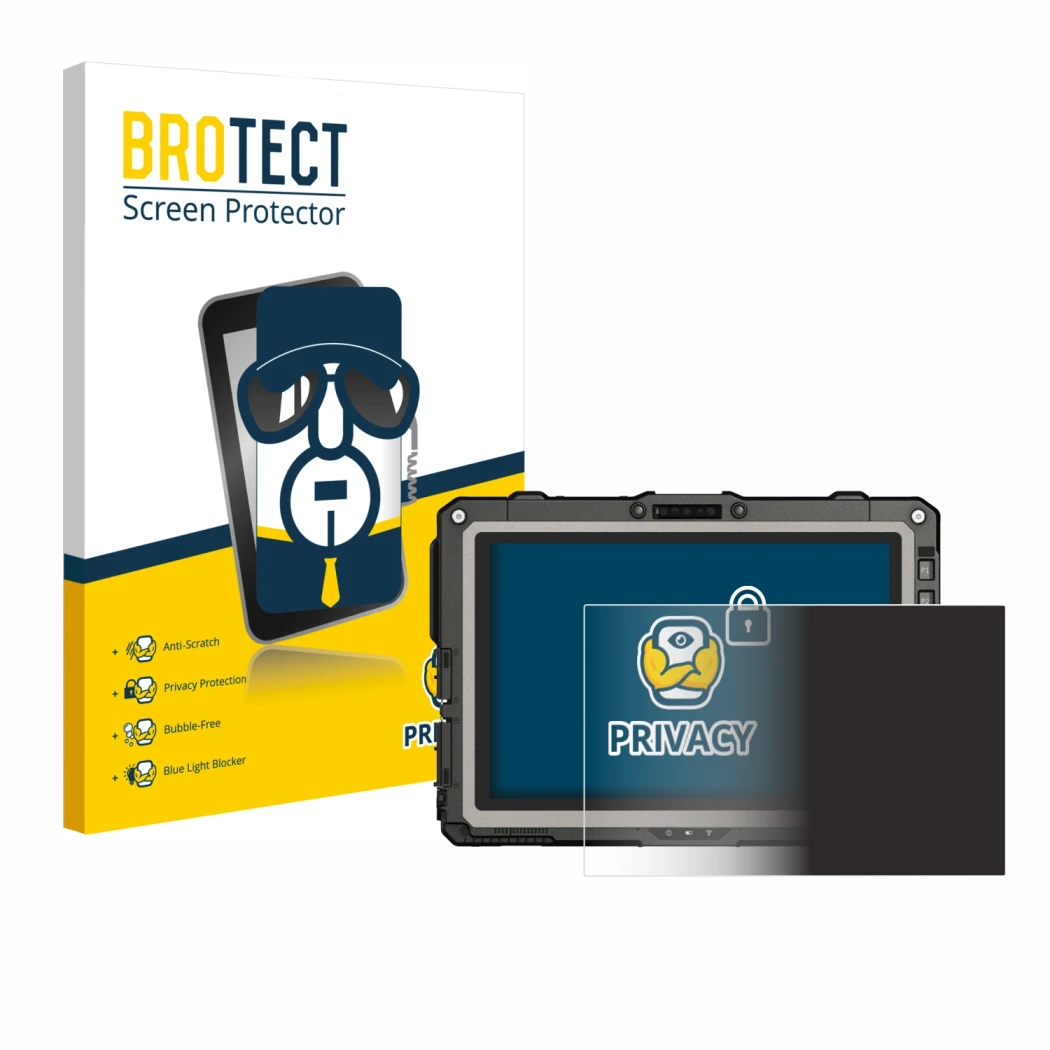 Front side of a product packaging with the brand logo BROTECT. Next to it is the device Getac UX10 G3 shown with the correspon