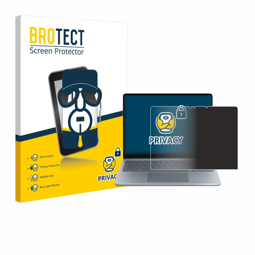 Front side of a product packaging with the brand logo BROTECT. Next to it is the device Microsoft Surface Laptop 13