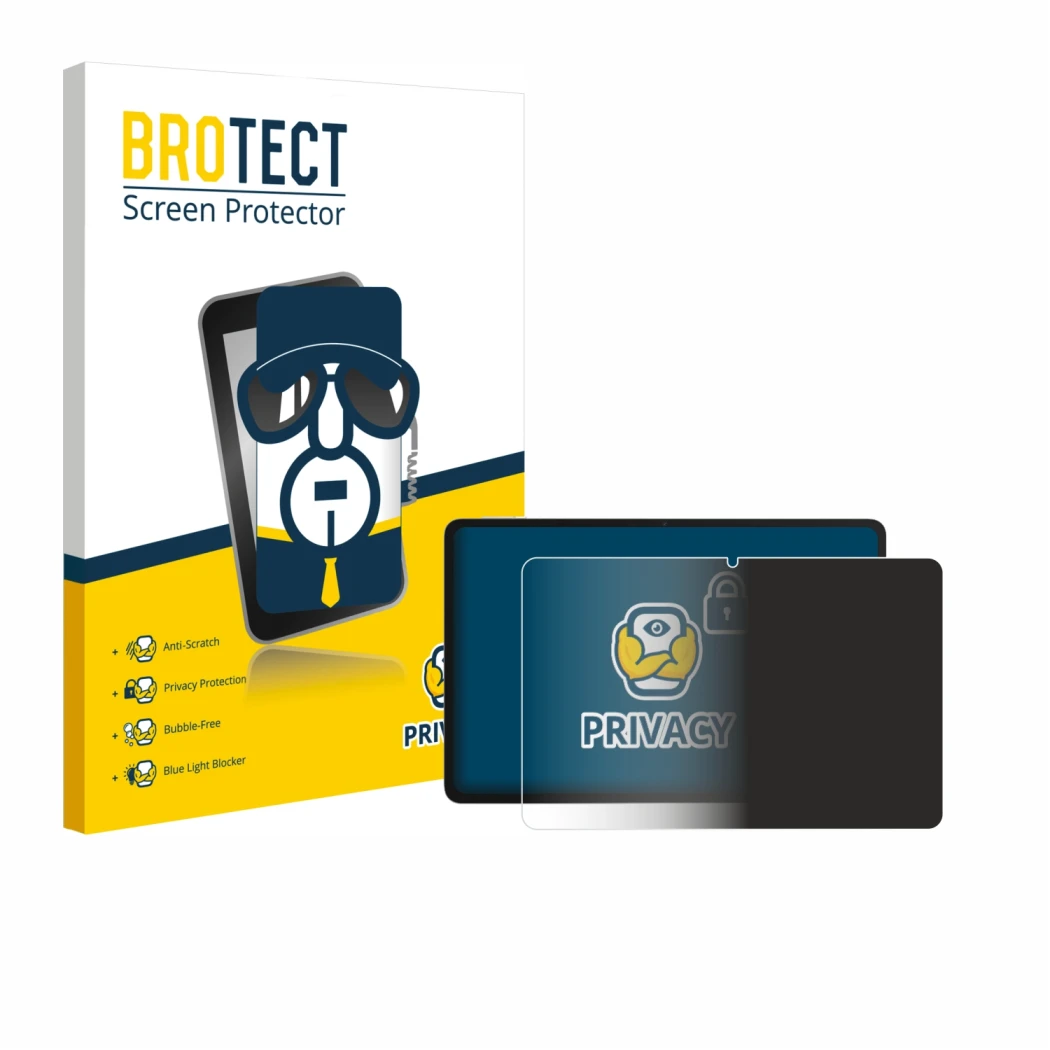 Front side of a product packaging with the brand logo BROTECT. Next to it is the device Honor Pad 10 shown with the correspond