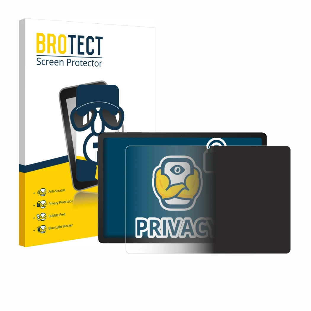 Front side of a product packaging with the brand logo BROTECT. Next to it is the device Doogee Tab G6 Plus shown with the corr