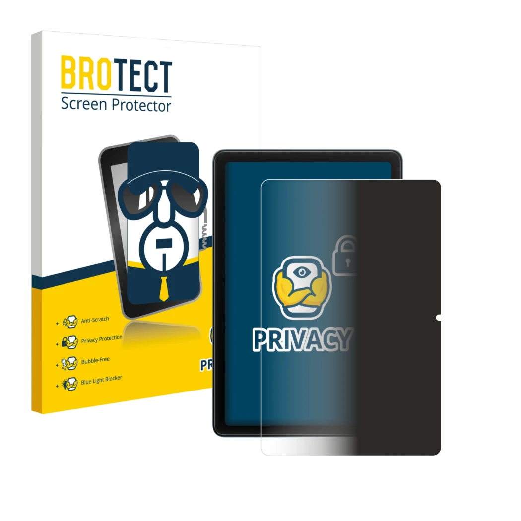 Front side of a product packaging with the brand logo BROTECT. Next to it is the device Blackview Tab 20 WiFi shown with the c