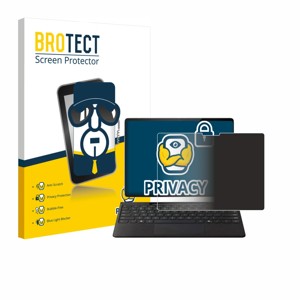 Front side of a product packaging with the brand logo BROTECT. Next to it is the device Microsoft Surface Pro Copilot+ 13