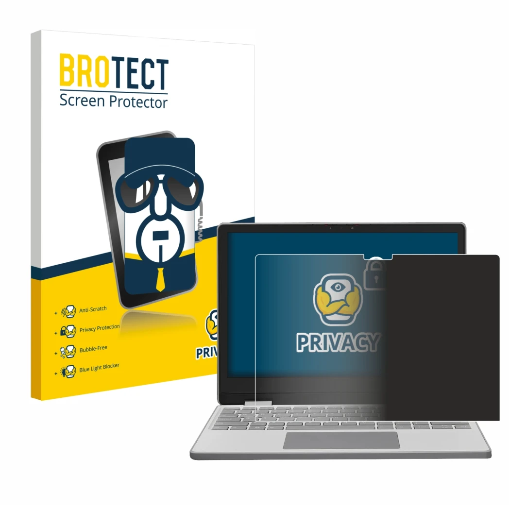 Front side of a product packaging with the brand logo BROTECT. Next to it is the device Framework Laptop 12 shown with the cor