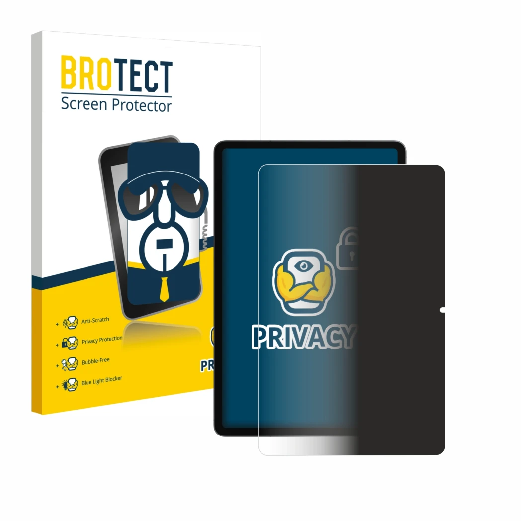 Front side of a product packaging with the brand logo BROTECT. Next to it is the device Samsung Galaxy Tab S11 (portrait) show