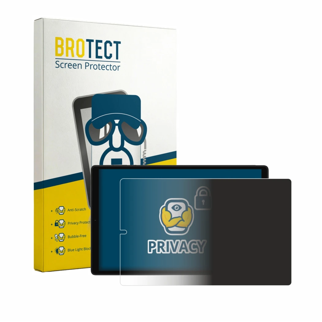 Front side of a product packaging with the brand logo BROTECT. Next to it is the device PIXGOOD 2K 10.4