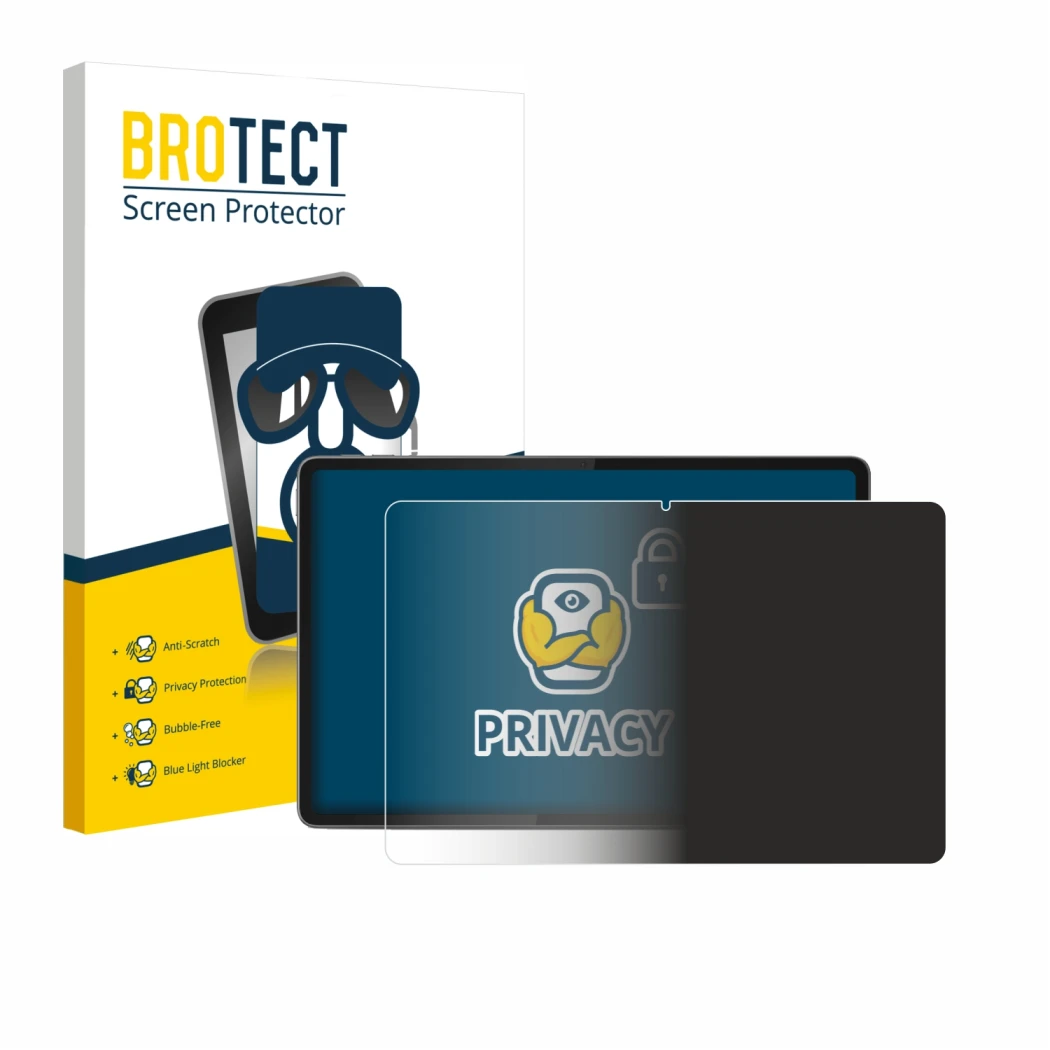 Front side of a product packaging with the brand logo BROTECT. Next to it is the device Lenovo Yoga Tab 11.1