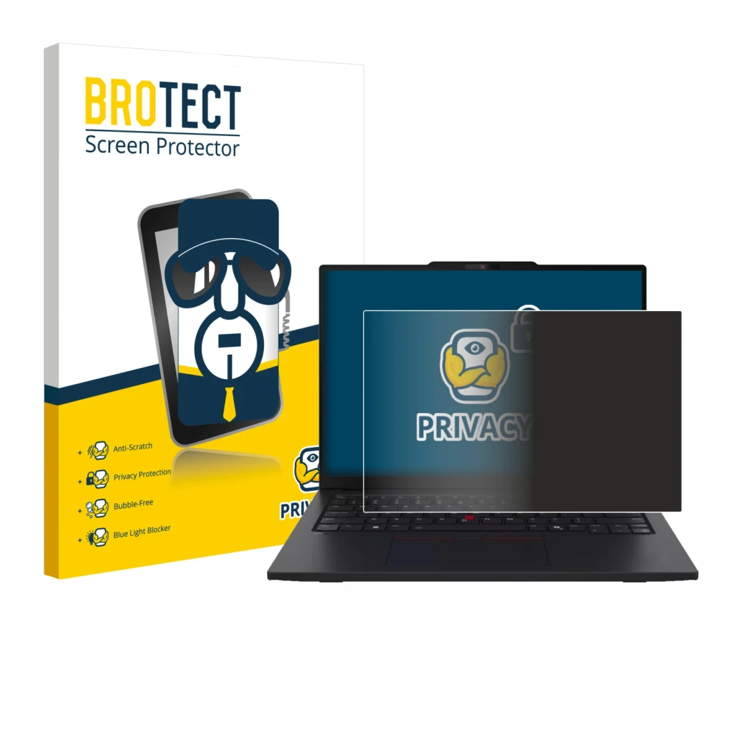 Front side of a product packaging with the brand logo BROTECT. Next to it is the device Lenovo ThinkPad L13 Gen 6 shown with t