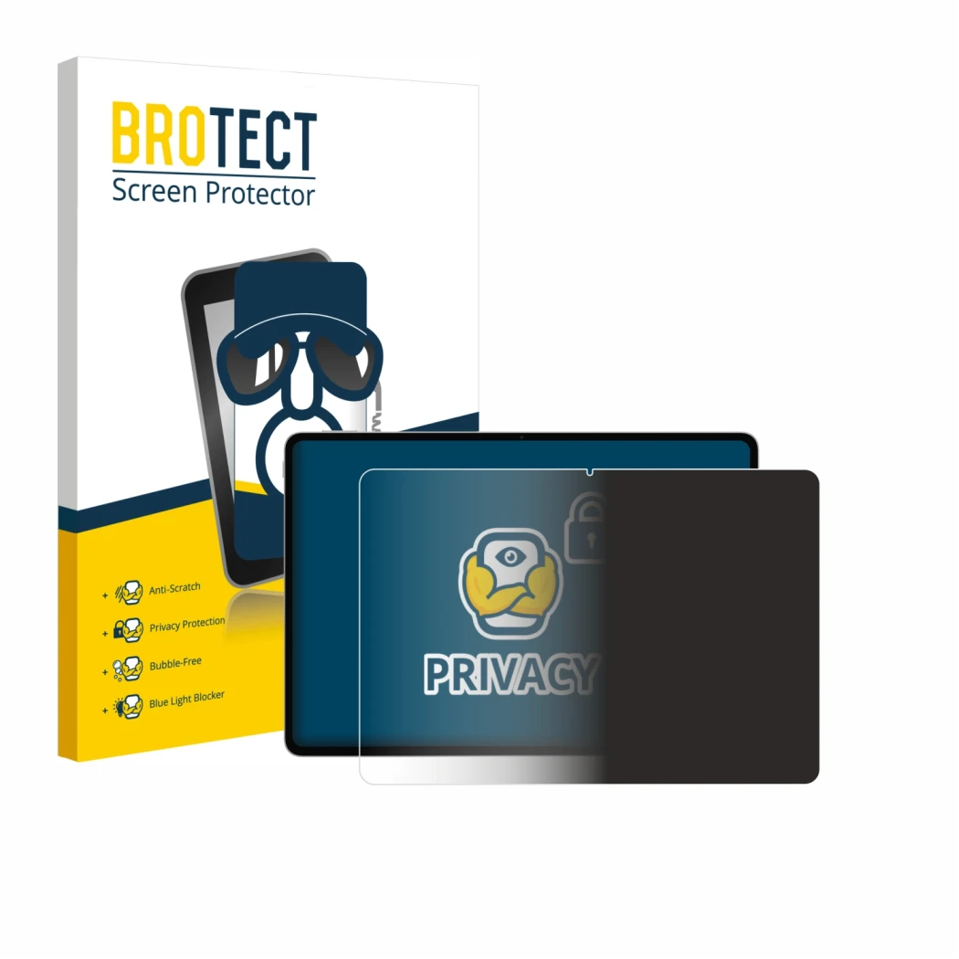 Front side of a product packaging with the brand logo BROTECT. Next to it is the device Honor Magicpad 3 Pro shown with the co