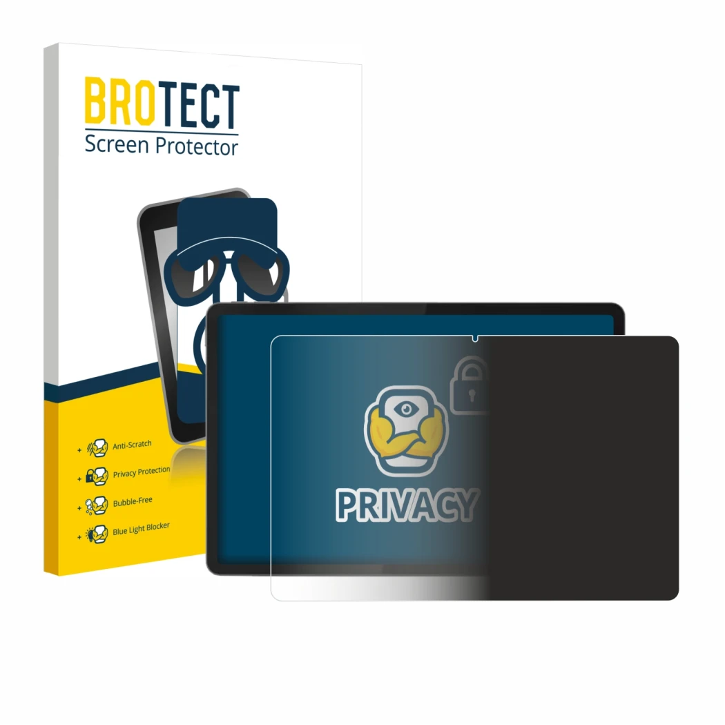 Front side of a product packaging with the brand logo BROTECT. Next to it is the device Lenovo Tab K11 (2nd Gen.) shown with t