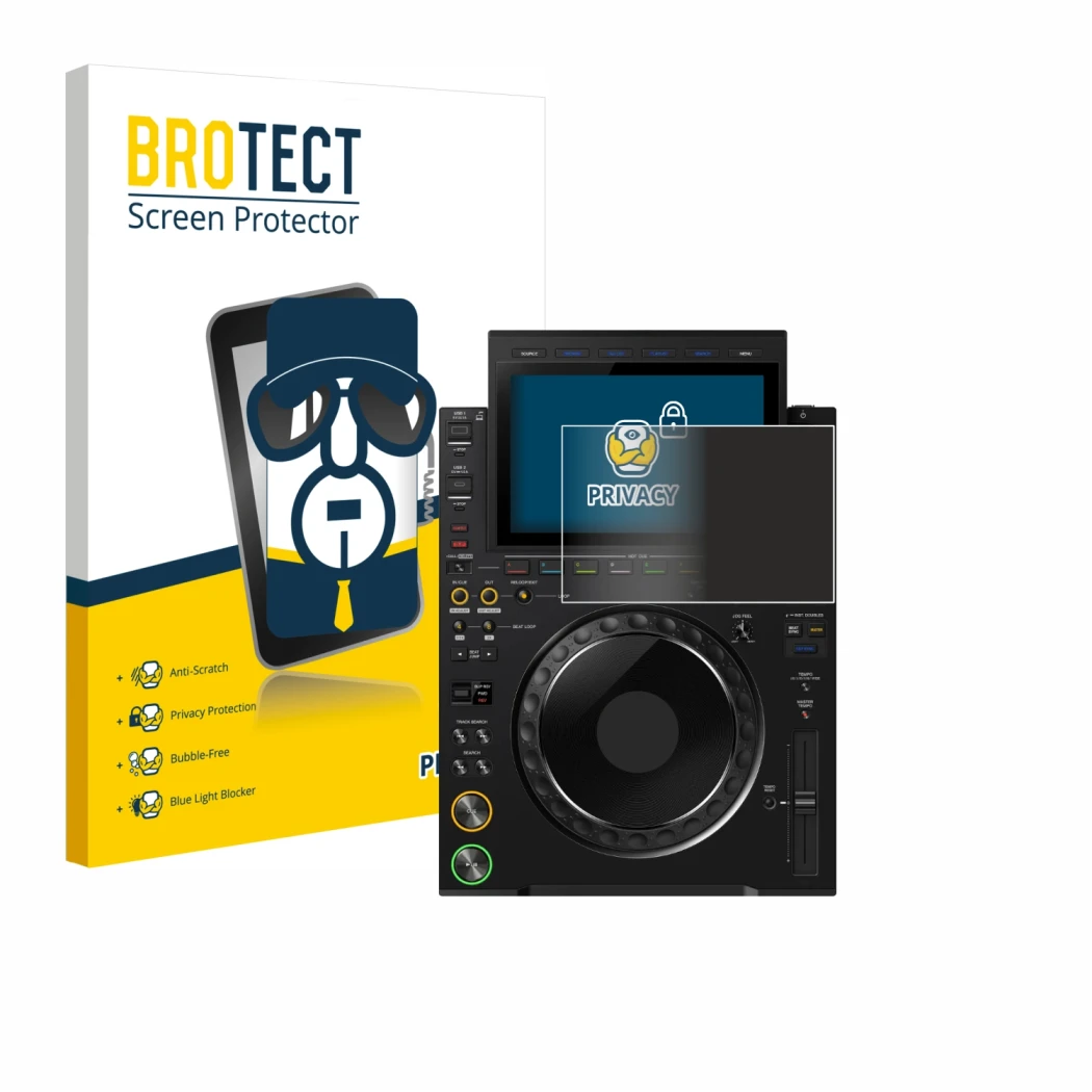 Front side of a product packaging with the brand logo BROTECT. Next to it is the device Pioneer CDJ 3000X shown with the corre