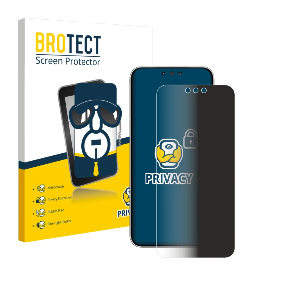 Front side of a product packaging with the brand logo BROTECT. Next to it is the device Huawei Mate 80 Pro shown with the corr