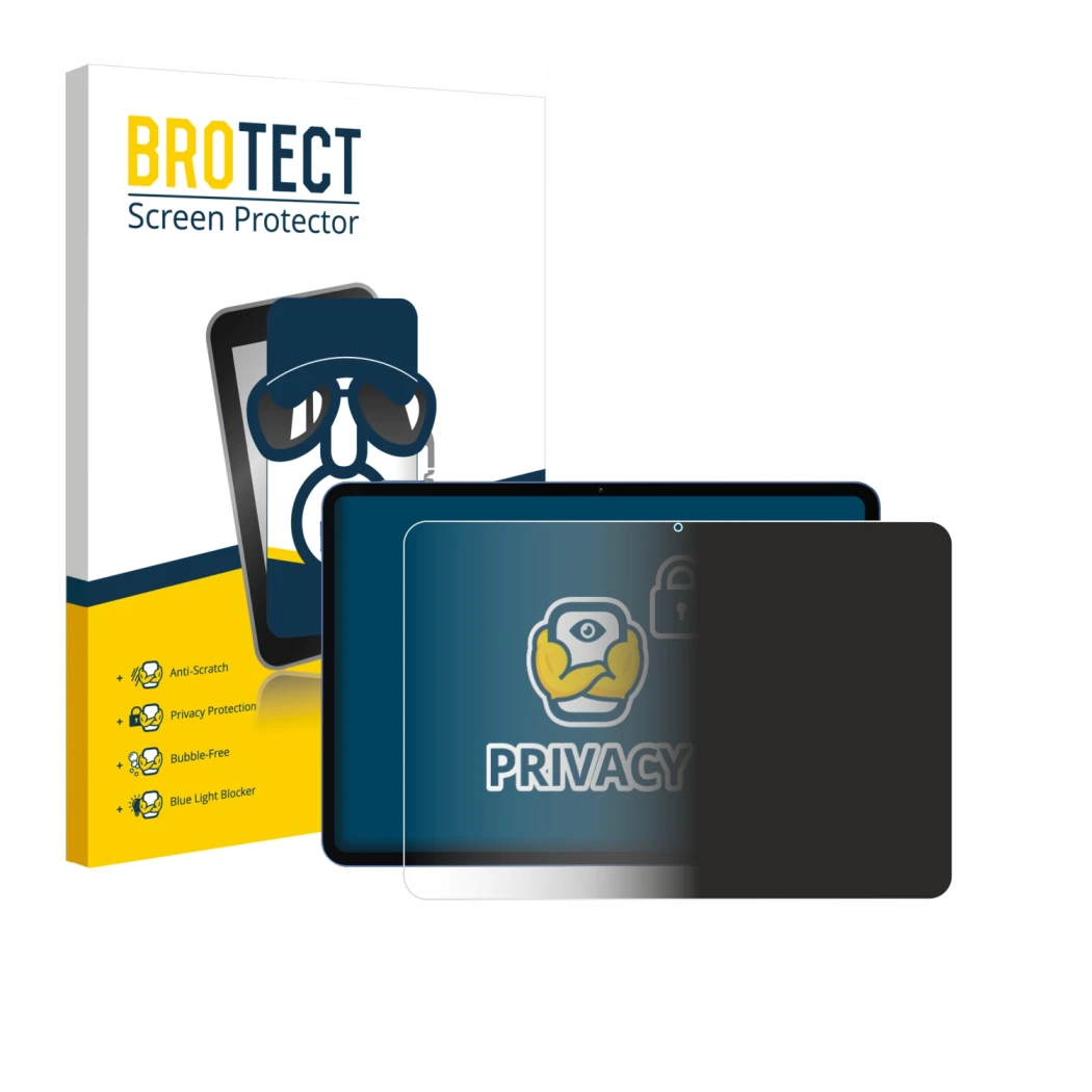 Front side of a product packaging with the brand logo BROTECT. Next to it is the device Xiaomi Poco Pad X1 shown with the corr