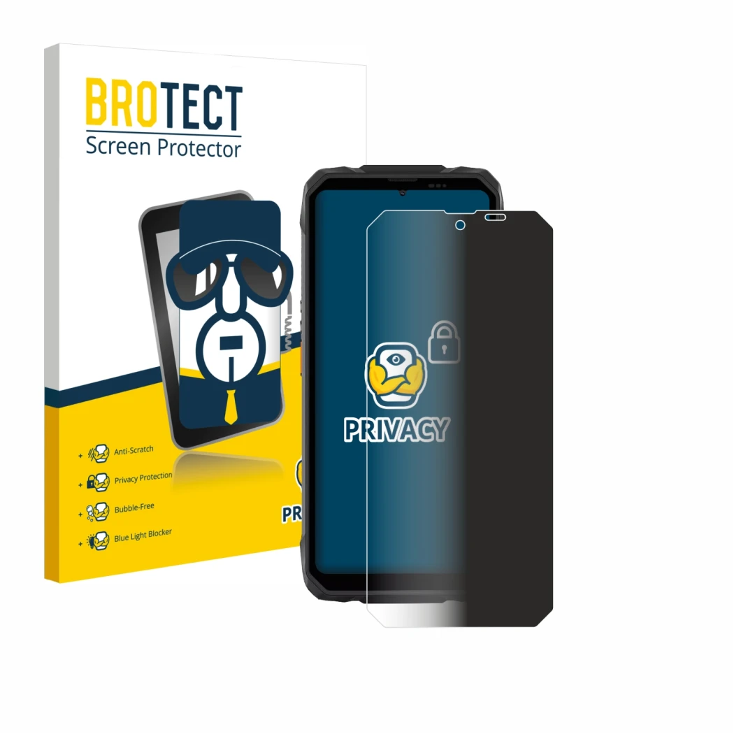 Front side of a product packaging with the brand logo BROTECT. Next to it is the device Blackview Rock 1 shown with the corres