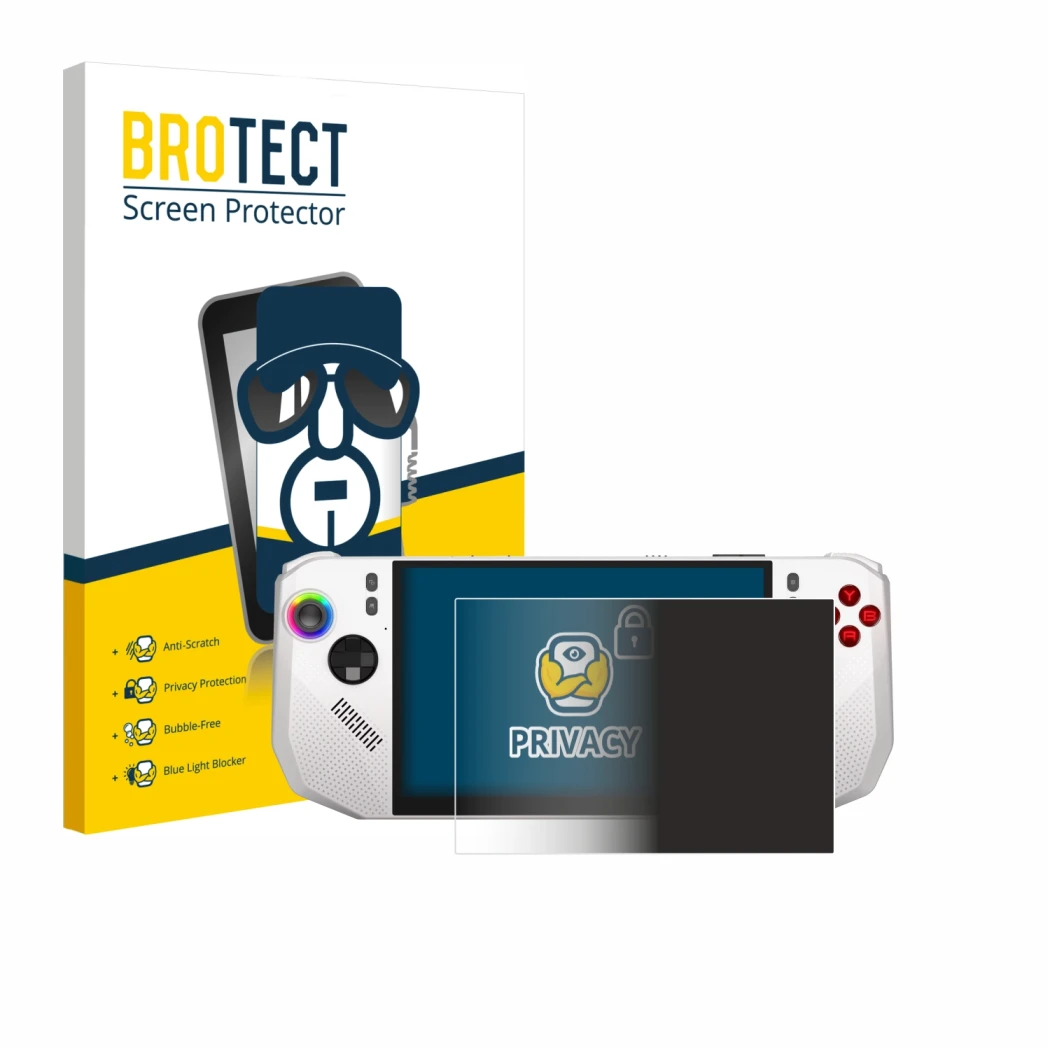 Front side of a product packaging with the brand logo BROTECT. Next to it is the device MSI Claw A8 BZ2EM shown with the corre