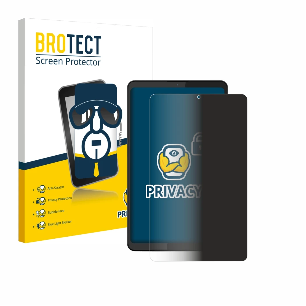 Front side of a product packaging with the brand logo BROTECT. Next to it is the device Lenovo Tab K9 shown with the correspon