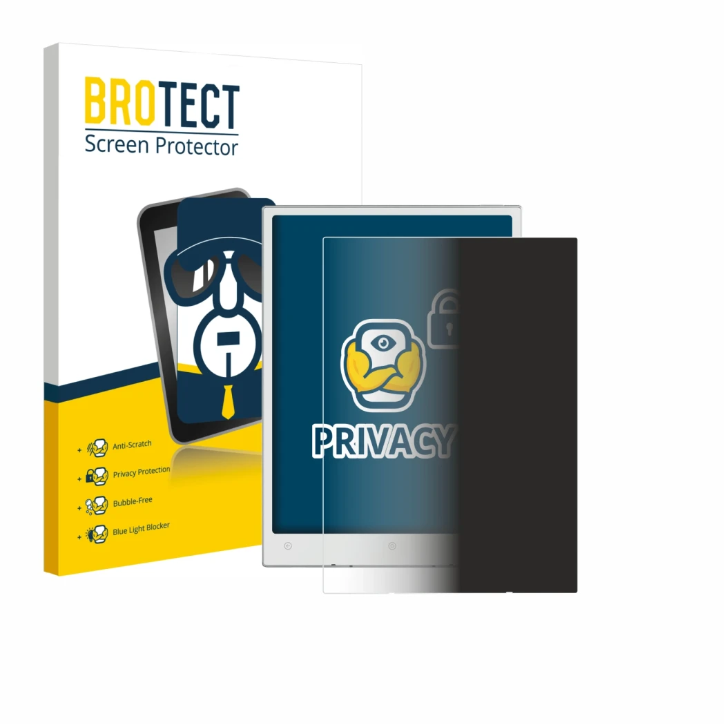 Front side of a product packaging with the brand logo BROTECT. Next to it is the device Viwoods AiPaper Mini shown with the co