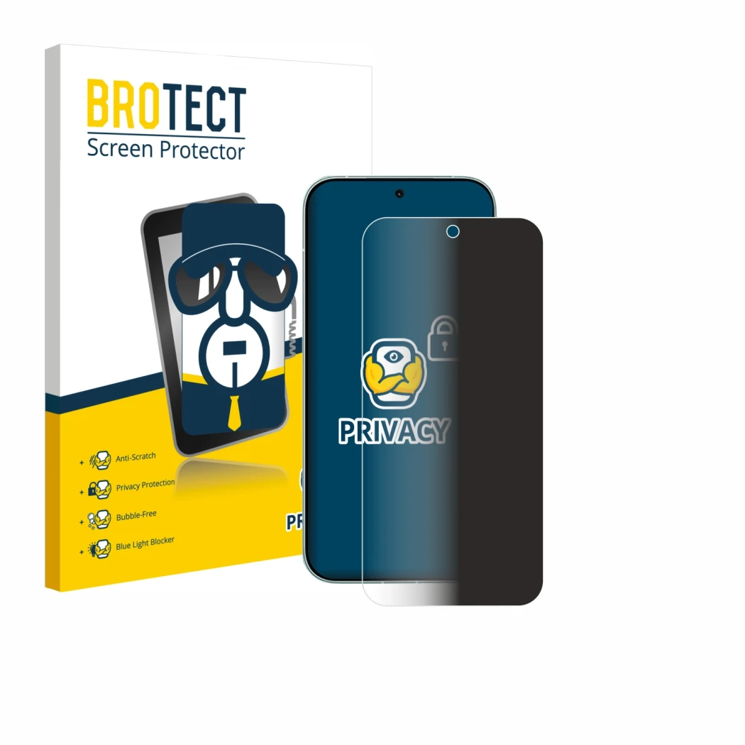 Front side of a product packaging with the brand logo BROTECT. Next to it is the device Xiaomi Redmi Turbo 5 5G shown with the