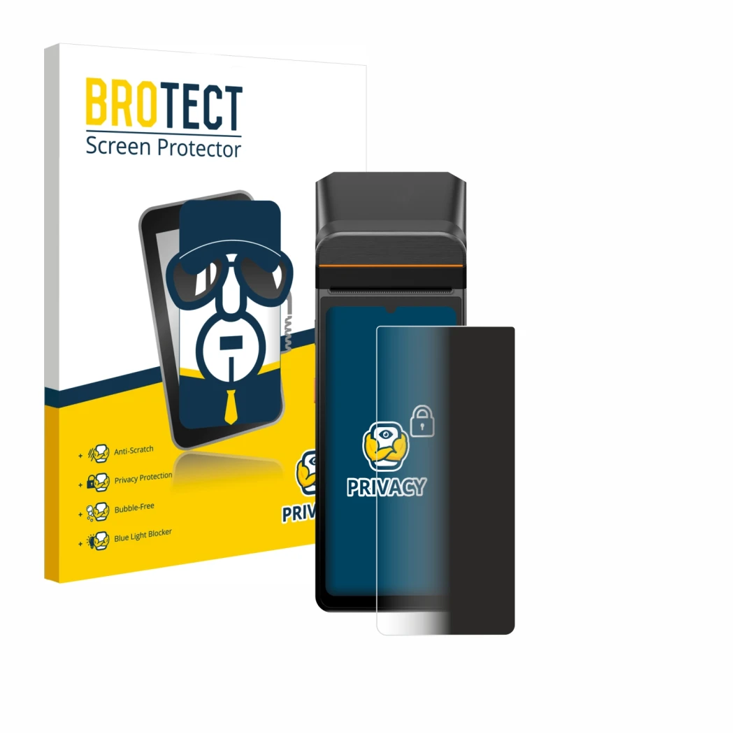 Front side of a product packaging with the brand logo BROTECT. Next to it is the device Sunmi V3 A13 shown with the correspond