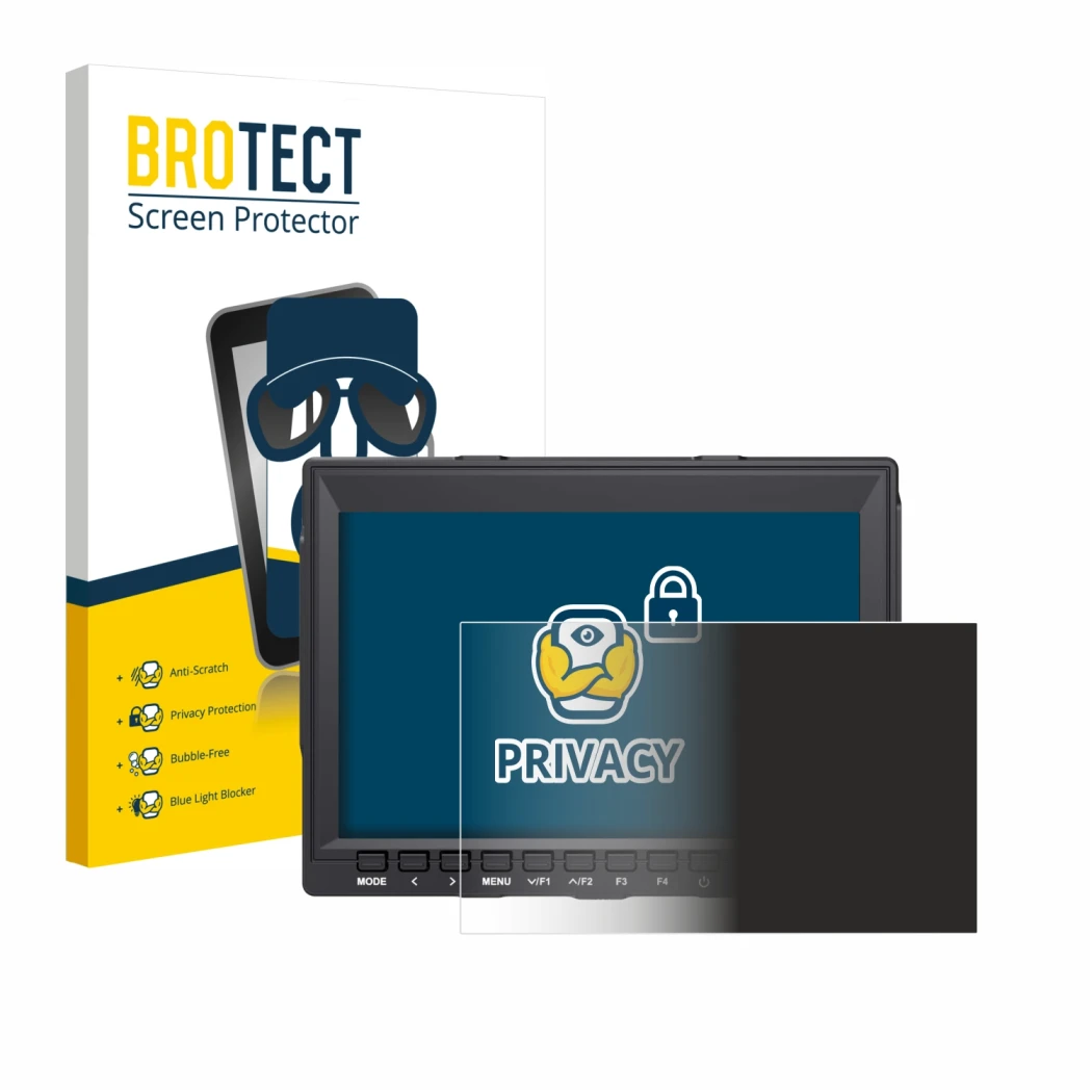 Front side of a product packaging with the brand logo BROTECT. Next to it is the device Feelworld FW759 7
