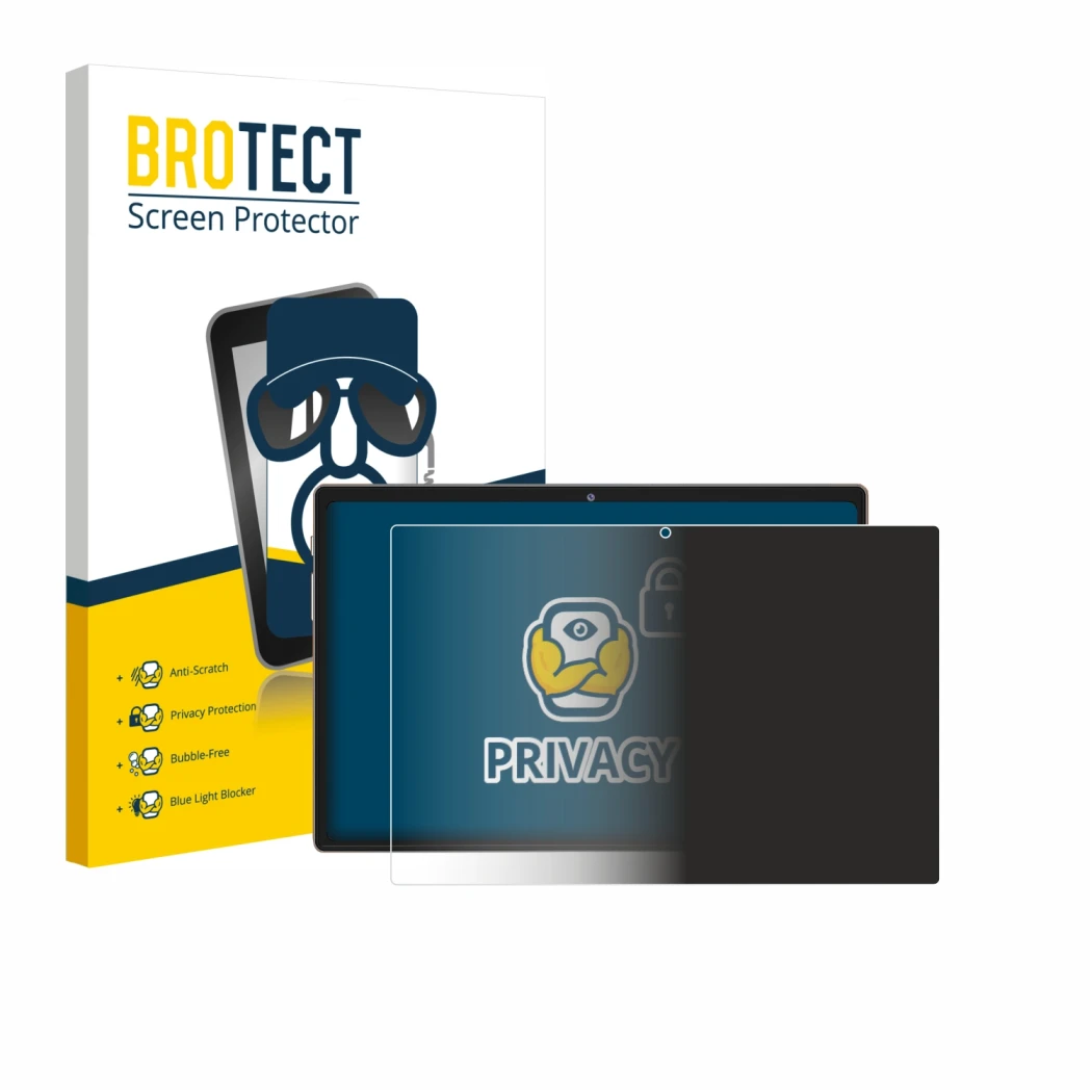 Front side of a product packaging with the brand logo BROTECT. Next to it is the device Dghrti TAB30 10.1