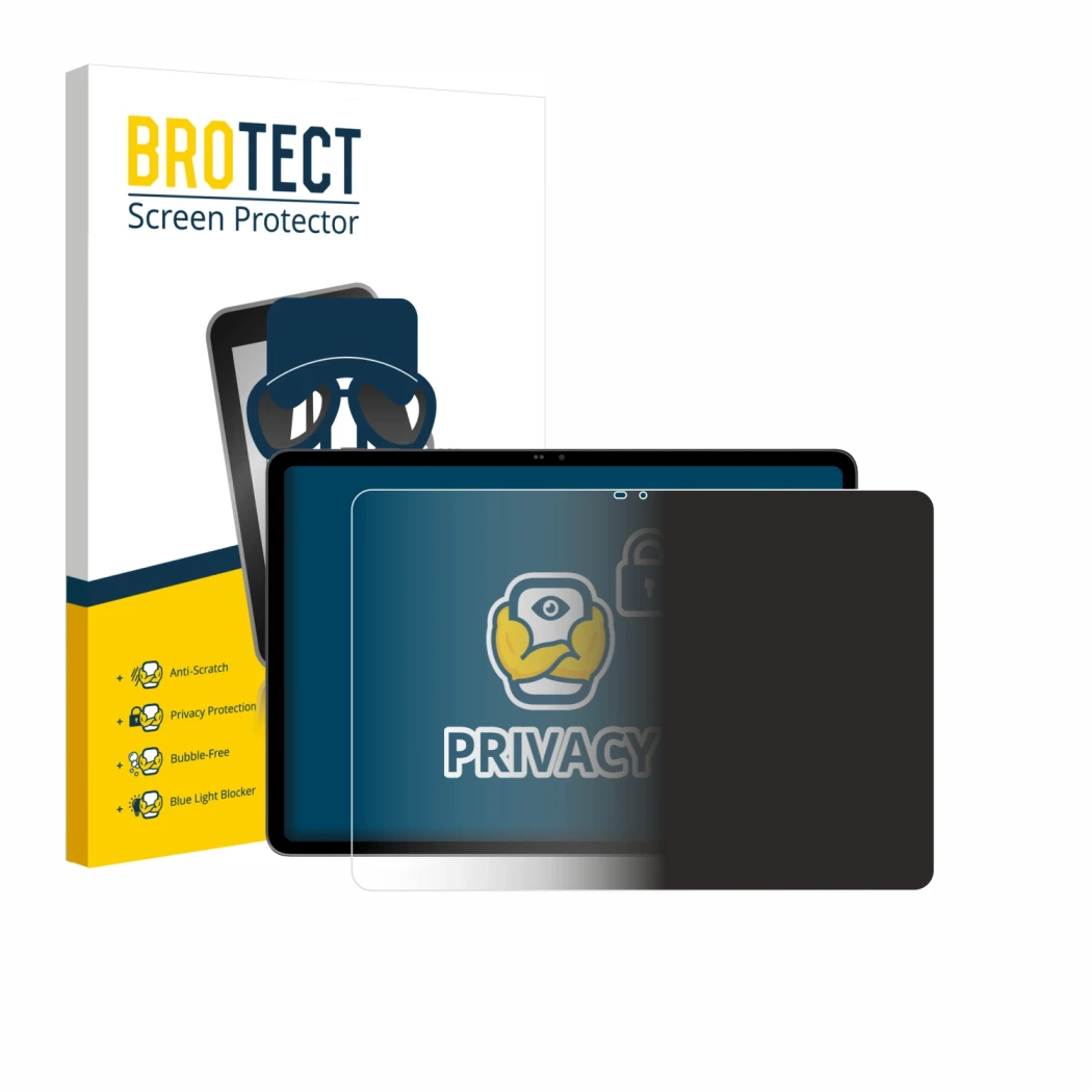 Front side of a product packaging with the brand logo BROTECT. Next to it is the device Blackview MEGA 12 shown with the corre