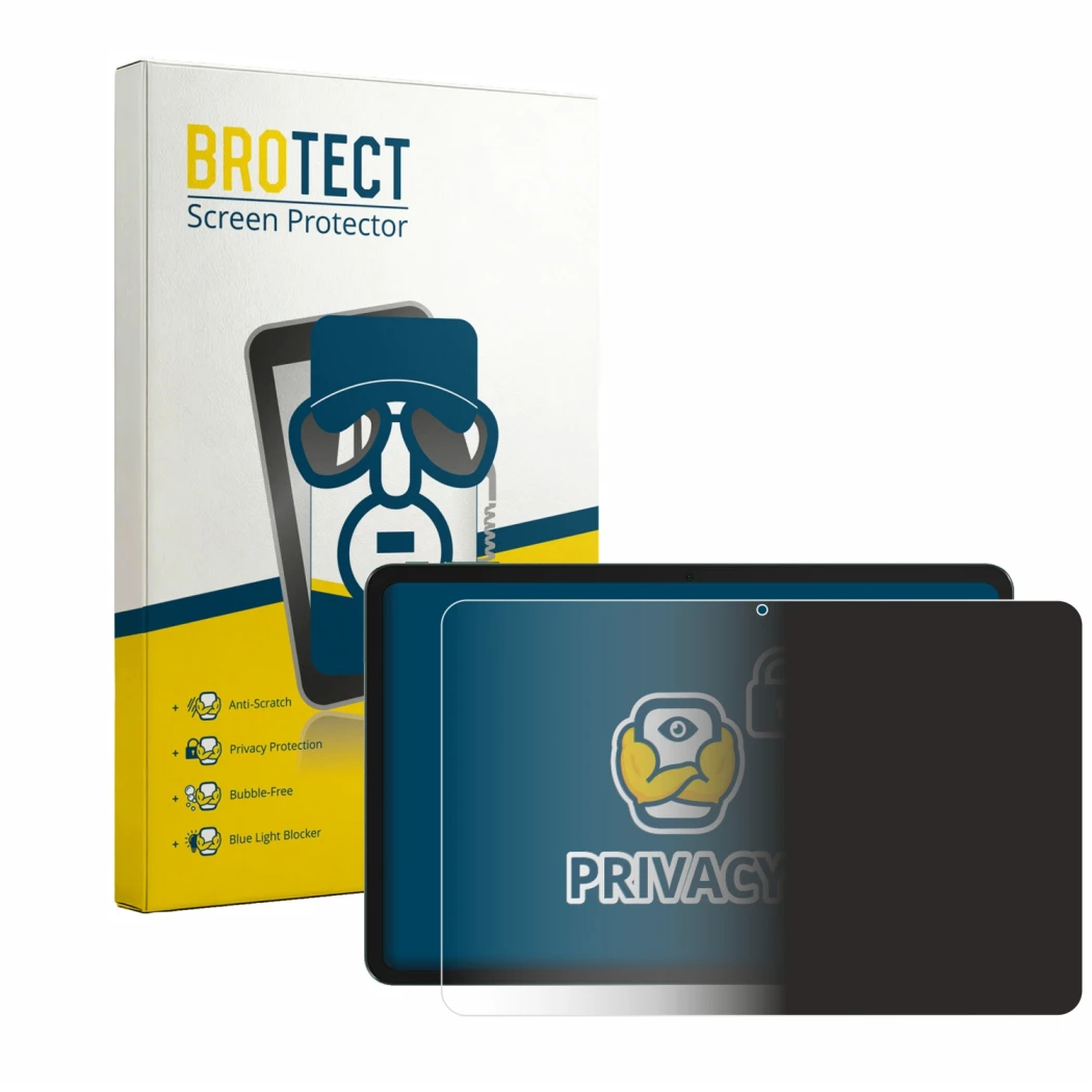 Front side of a product packaging with the brand logo BROTECT. Next to it is the device Tecno MEGAPAD 2 shown with the corresp
