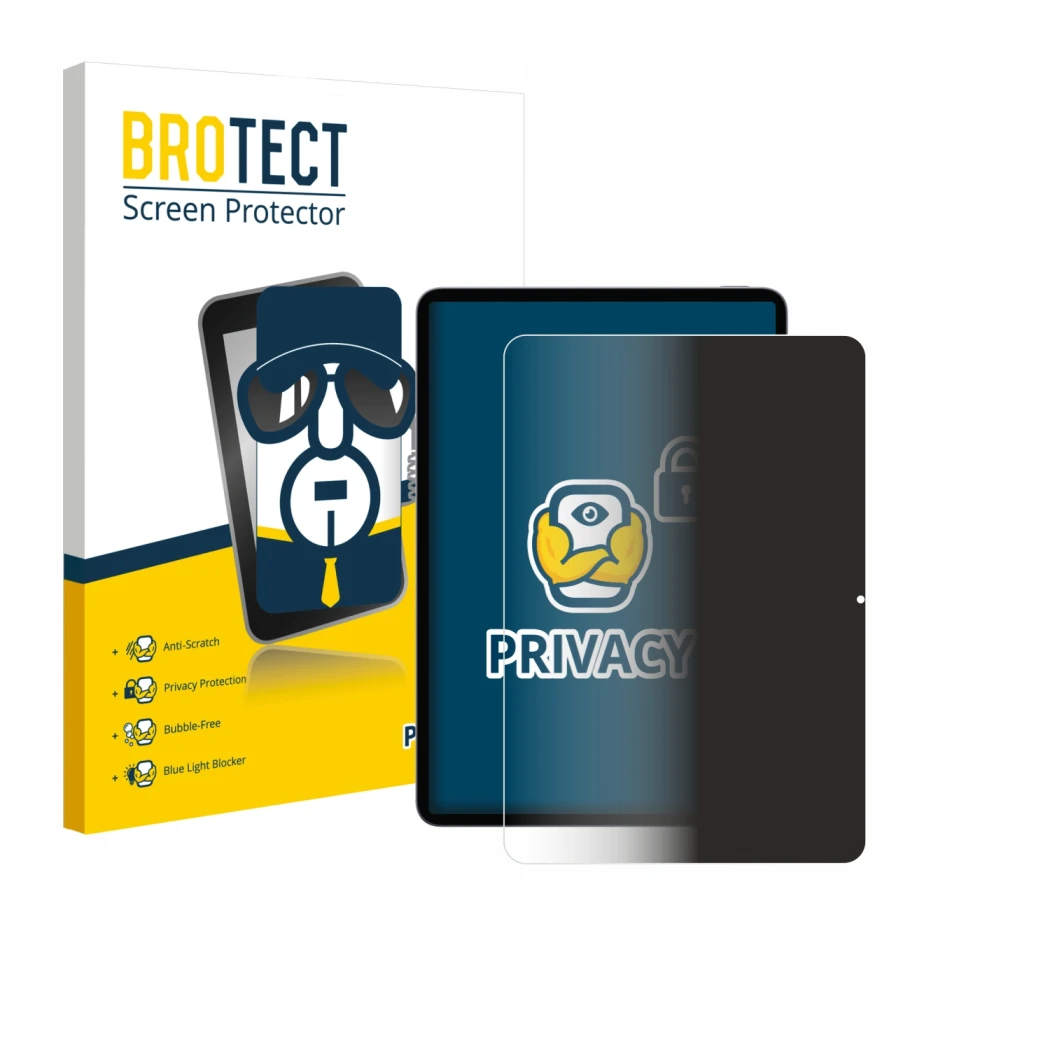Front side of a product packaging with the brand logo BROTECT. Next to it is the device Xiaomi Pad 8 shown with the correspond