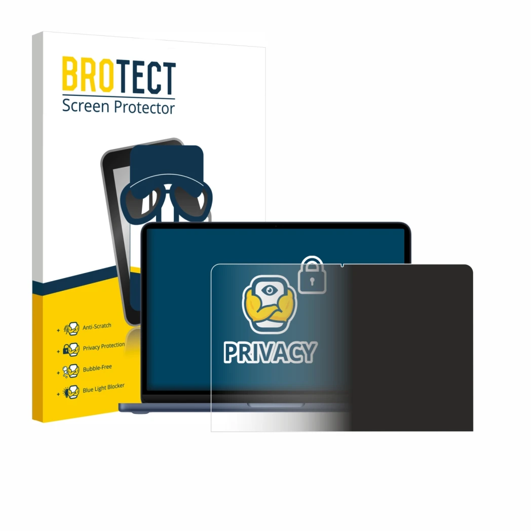 Front side of a product packaging with the brand logo BROTECT. Next to it is the device Apple MacBook Neo 13