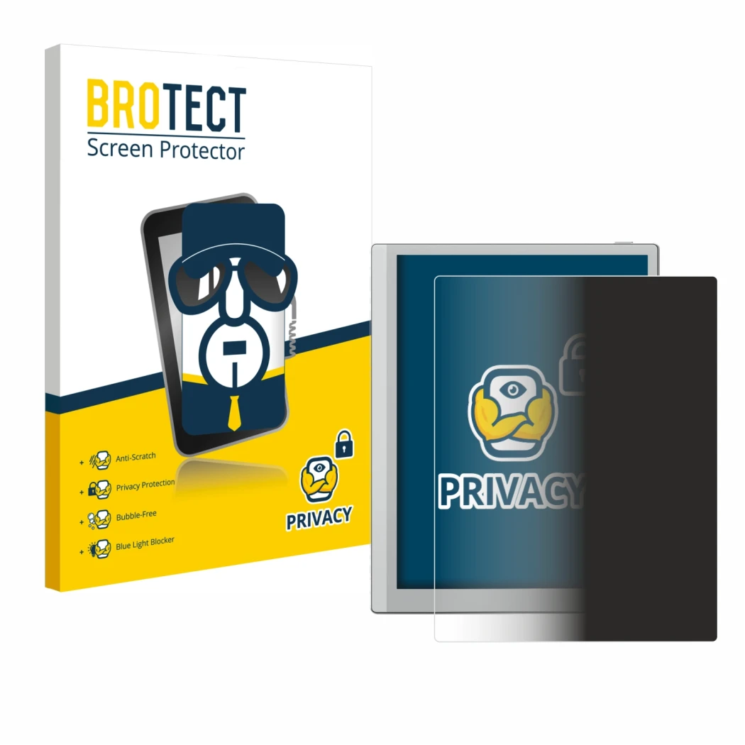 Front side of a product packaging with the brand logo BROTECT. Next to it is the device Boox Go 10.3 (Gen II) shown with the c