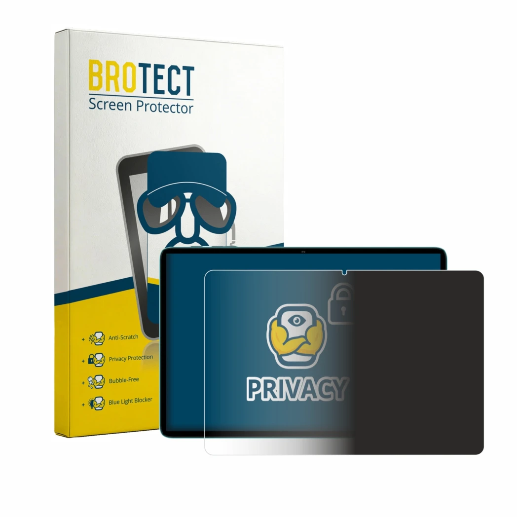 Front side of a product packaging with the brand logo BROTECT. Next to it is the device Teclast P33 shown with the correspondi