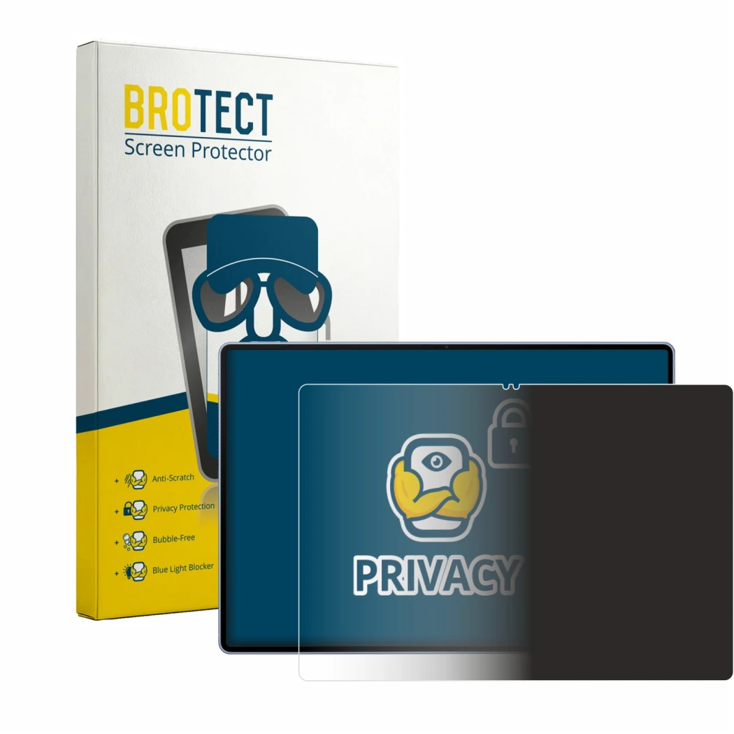 Front side of a product packaging with the brand logo BROTECT. Next to it is the device Huawei MatePad Pro Max shown with the 
