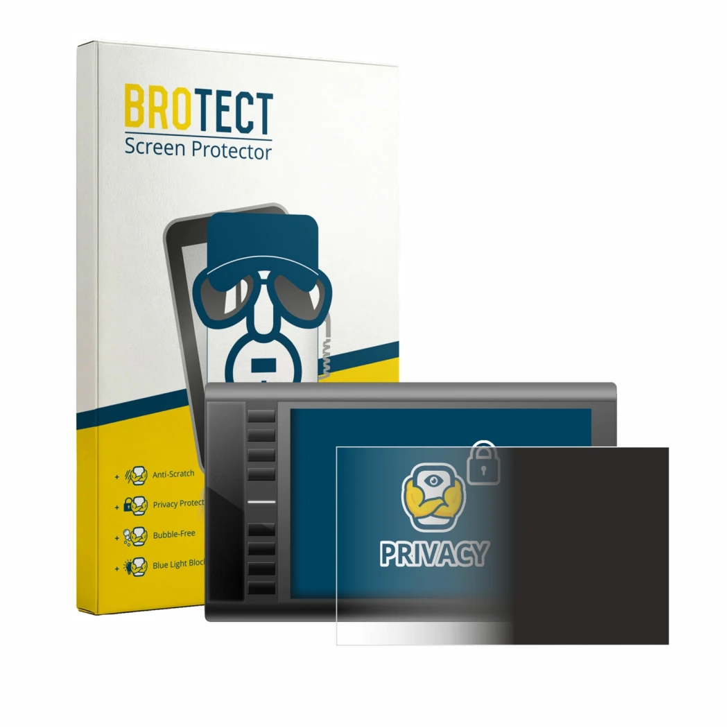 Front side of a product packaging with the brand logo BROTECT. Next to it is the device Ugee M708 shown with the corresponding