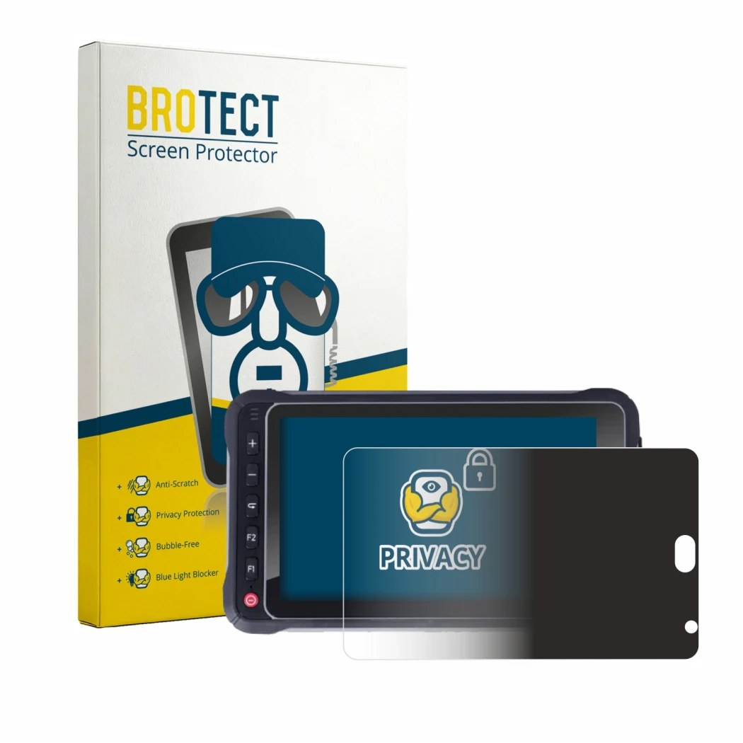 Front side of a product packaging with the brand logo BROTECT. Next to it is the device Hugerock X72 shown with the correspond